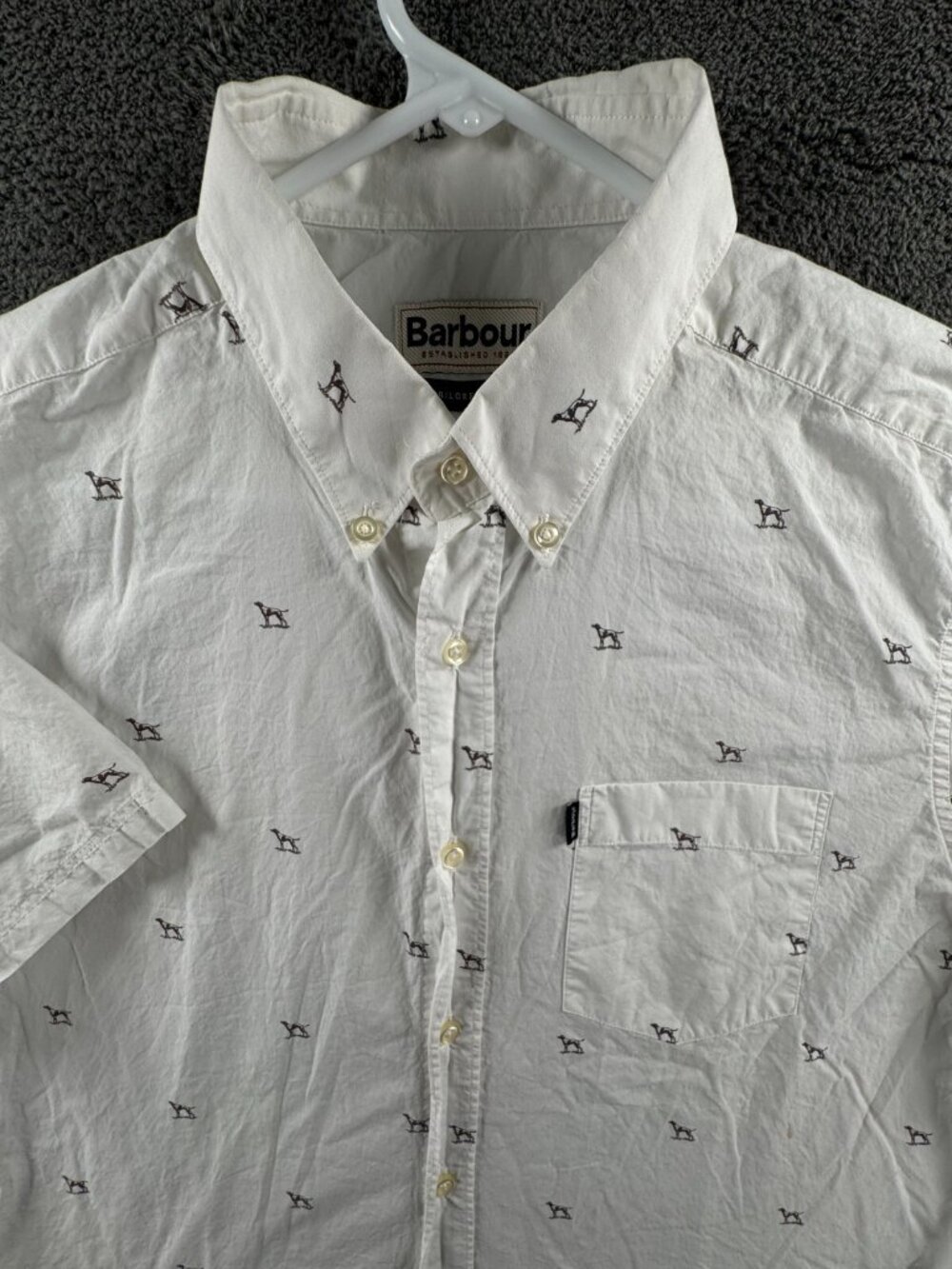 Barbour Button Up Shirt Dog Print Doggy Puppy Tailored Fit Short Sleeve Medium